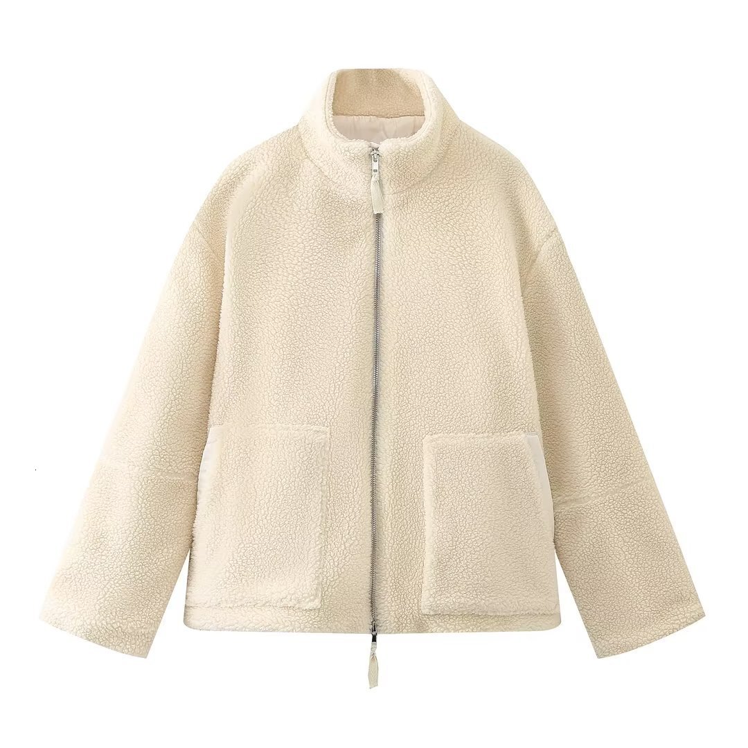 Winter Lamb Wool Jacket Women Fashion Stand Collar Zipper Pocket Long Sleeve Warm Veet Coat Streetwear Female Outerwears