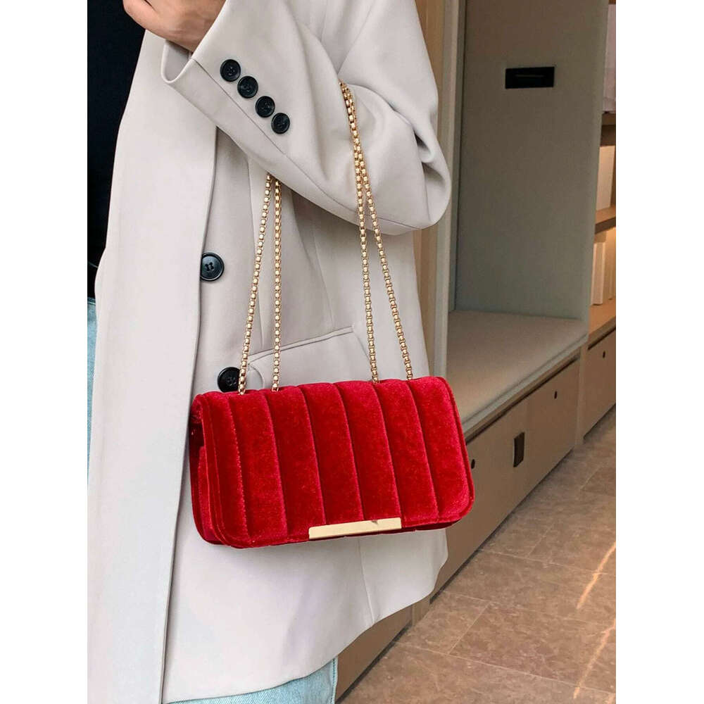 Neon Red Flap Square Velor Leather Fashionable Dating Gift Shoulder & Crossbody Bag With Chain Strap For Women