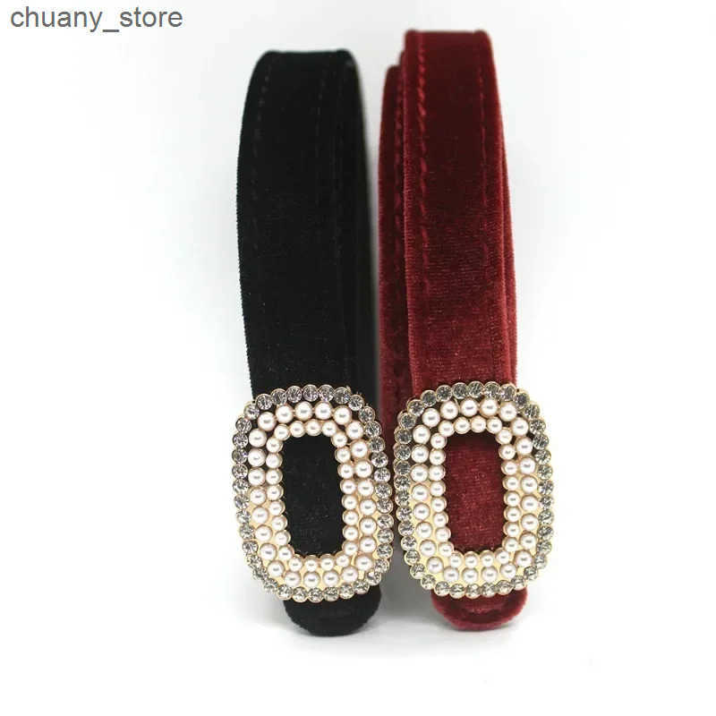Waist Chain Belts Velvet PU Leather Womens Belt Fashion Trend Versatile Dress Accessories Gothic Retro Corset Slim Rhinestone Buckle Waistband L240910