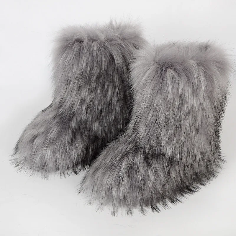 2024 New Winter Faux Fur Boots Women Warm Fluffy Snow Boots Luxury Footwear Female Furry Fox Fur Bottes Fashion Winter Shoes