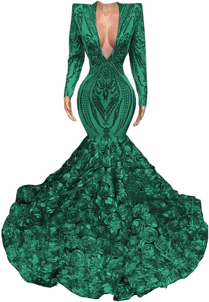 Sexy Mermaid Sequined V-Neck Prom Dresses Long Sleeve Party Dresses Champagne Flowers Sweep Train Formal Occasion Dress Evening Dresses for Women