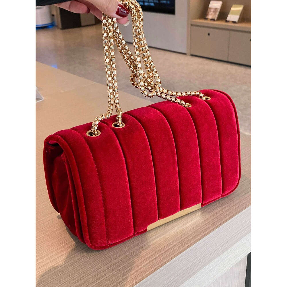 Neon Red Flap Square Velor Leather Fashionable Dating Gift Shoulder & Crossbody Bag With Chain Strap For Women