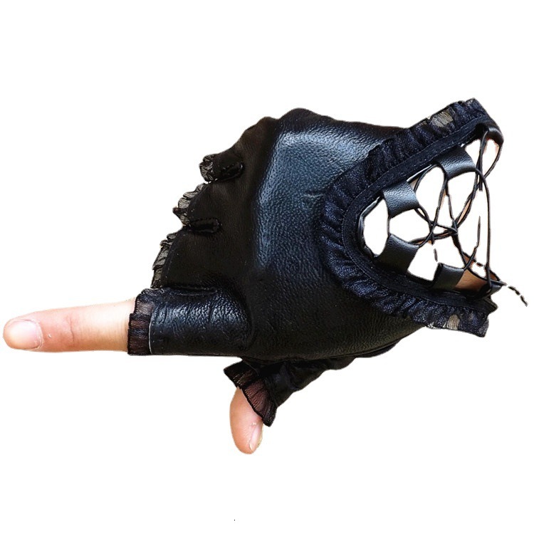 women's full sheepskin finger lace strap leather Fashion dance half cut performance gloves