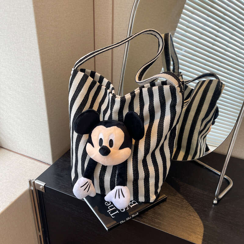 Cartoon Cute Underarm Women's Striped Canvas One Shoulder Bucket Large Capacity Classroom Commuter Tote Bag