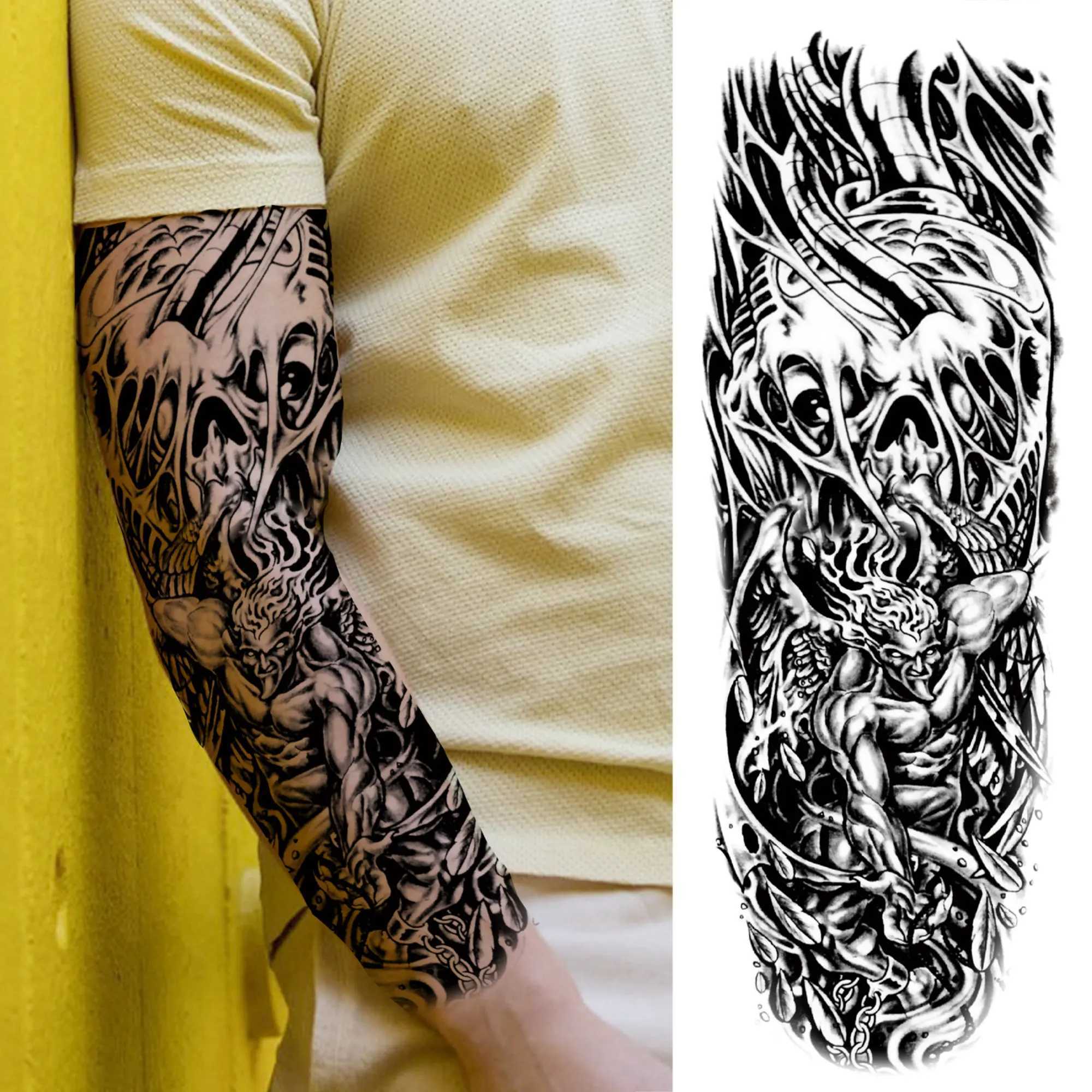Compass Robot Arm Temporary Tattoos Sleeve For Men Women Realistic Fake Skull Angel Full Arm Tatoos Maori Totem Tattoo StickerXJ241120