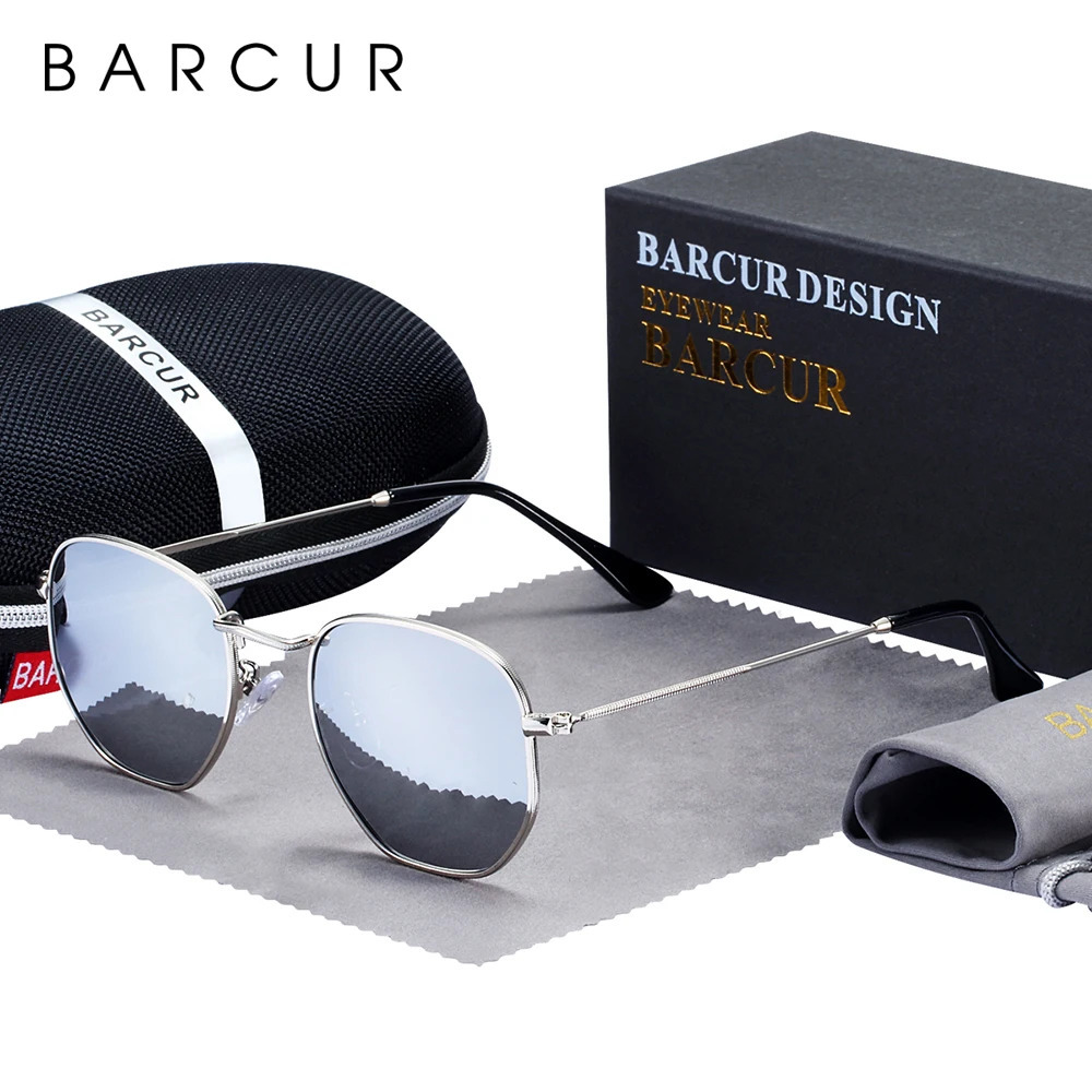 BARCUR Classic Retro Reflective Sunglasses Man Hexagon Sunglasses Metal Frame Eyewear Sun Glasses With Box Oculos De Sol gafas 240410
