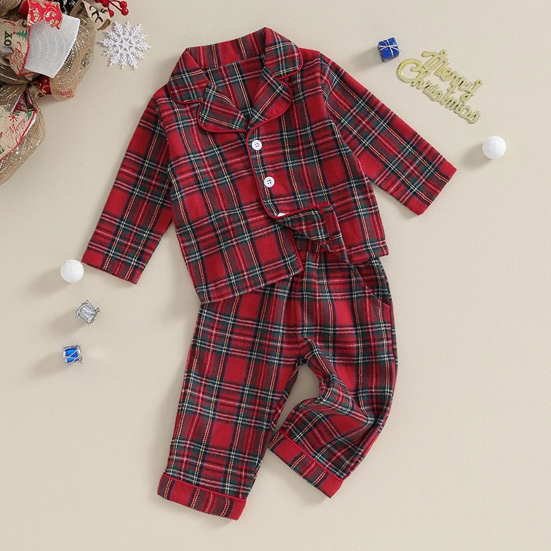 BeQeuewll Kids Christmas Pajamas Set For Fall Plaid Button up Long Sleeve Shirt and Elastic Pants Loungewear Sleepwear 241120