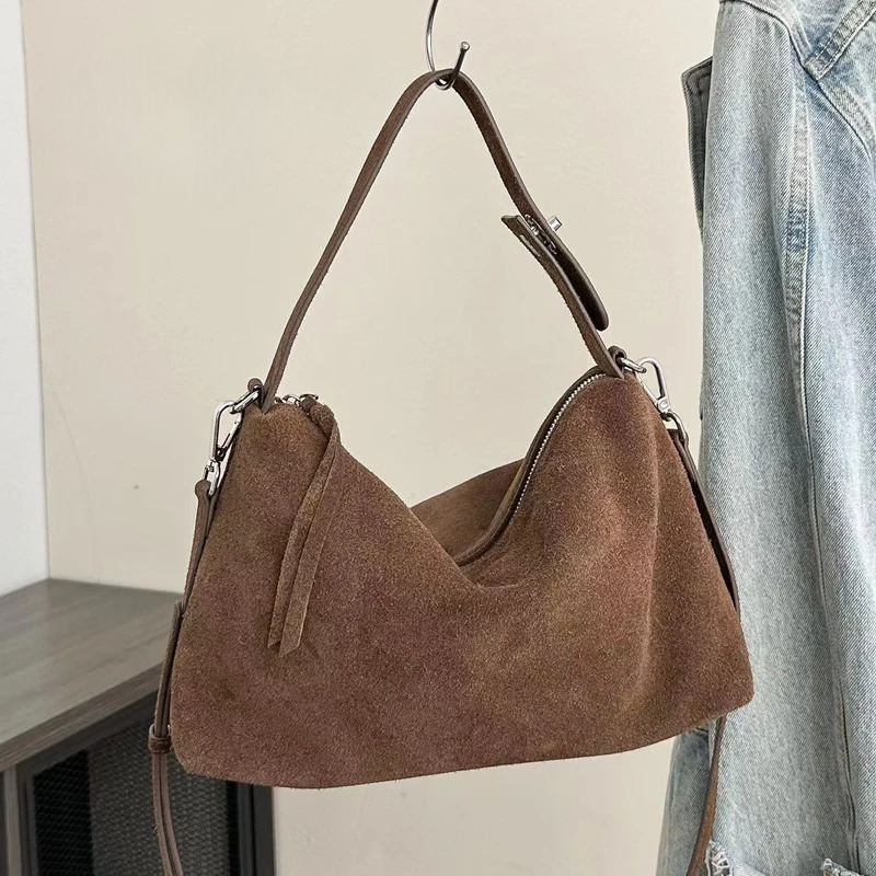 Fashion Autumn Winter Big Boston Tote Soft Matte Suede Cow Leather Women's Handbag Shoulder Crossbody Bag For Women Grey Brown Genuine Leather Ba