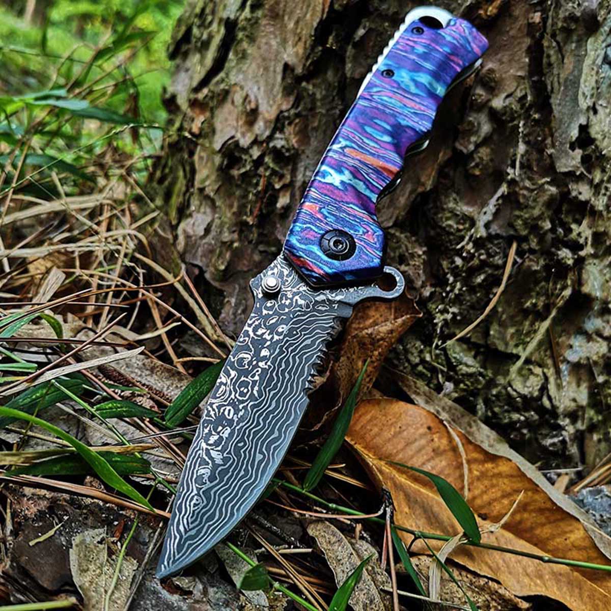 Tacticfal Folding Blade Knife,Prime Quality Knife,Damascus Blade 3D Rainbow Handle,Good for Collection and Outdoor Survival Hunting Camping Hiking HEA
