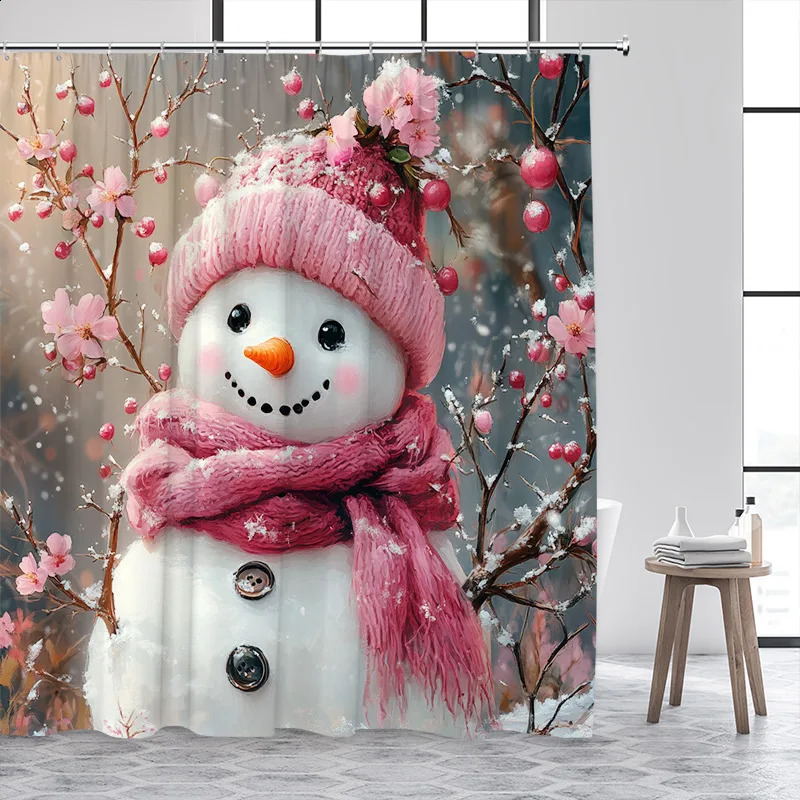 Christmas Snowman Shower Curtains Red Bird Berry Rabbit Winter Forest Snowflake Year Home Bathroom Curtain Decor With Hooks 241119