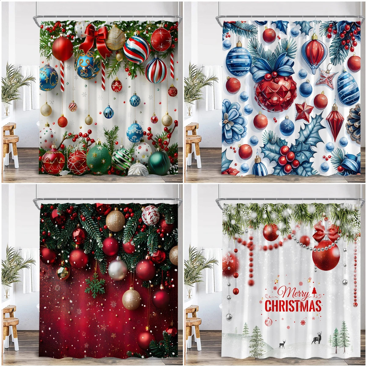 Chritsmas Shower Curtain Red Silvery Ball Xmas Balls Snowflake Pine Leaves Merry Christmas Winter Polyestert Bath Curtain Decor 241119
