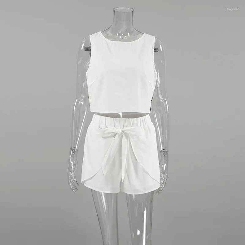 Womens Tracksuits Jyate Summer 2024 White Casual Cotton Linen Shorts Suits Women Tank Tops Lace Up Waist 2-Piece Set Beach Outfit