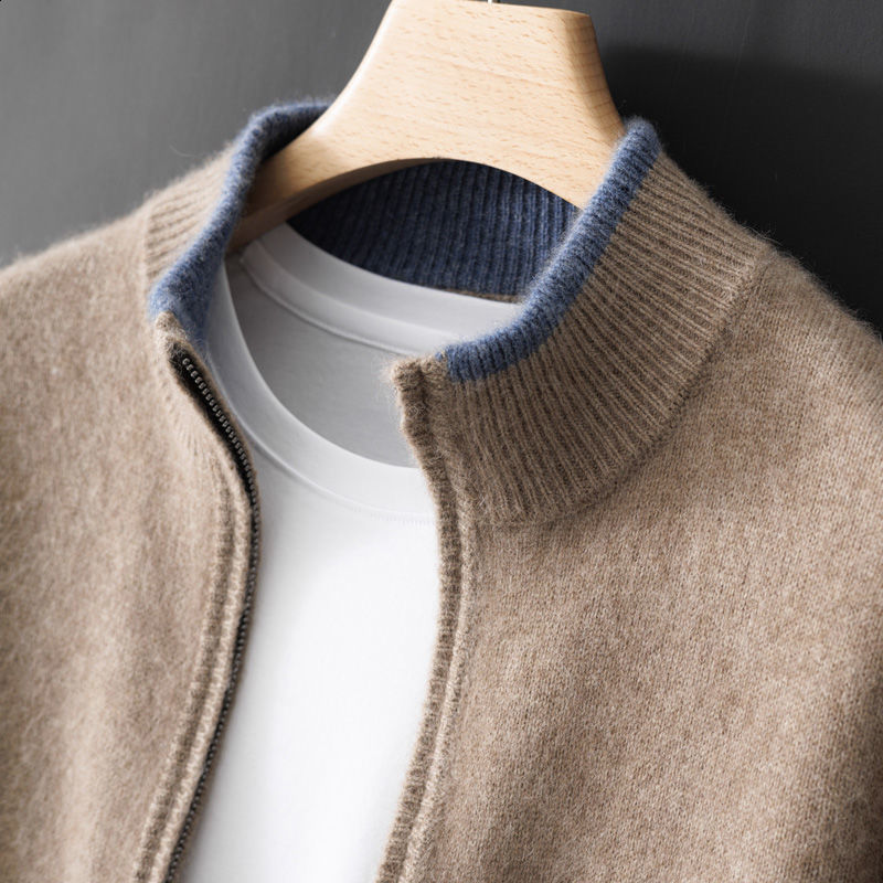 high-end fashion cardigan mens stand up collar zipper color blocked thick sweater business casual sweater knitted jacket240829