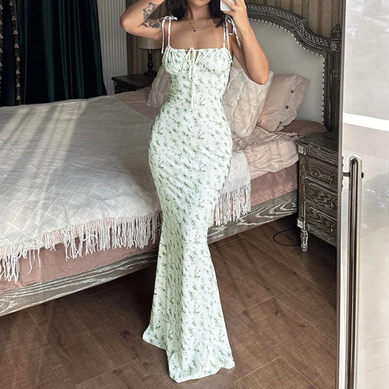 Casual Dresses Y2K Floral Print Spaghetti Strap Bodycon Sundress Deep V Neck Long Dress Sexy Backless Summer Streetwear