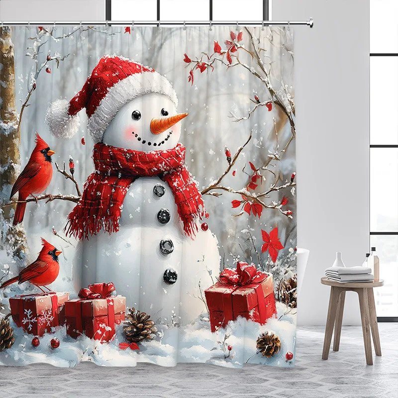 Christmas Snowman Shower Curtains Red Bird Berry Rabbit Winter Forest Snowflake Year Home Bathroom Curtain Decor With Hooks 241119