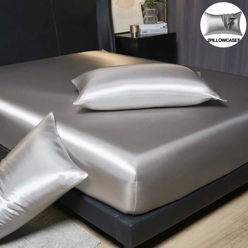 Satin Fitted Sheet Set 35cm Height KingQueen Size Includes 2 Pillowcases Timeless Elegance for Discerning Sleep 241119