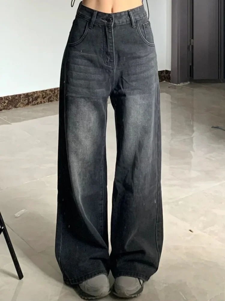 HOUZHOU Vintage Black Jeans Women High Waist Grunge Y2k 90s Streetwear Baggy Casual Korean Fashion Straight Washed Denim Trouser 240409