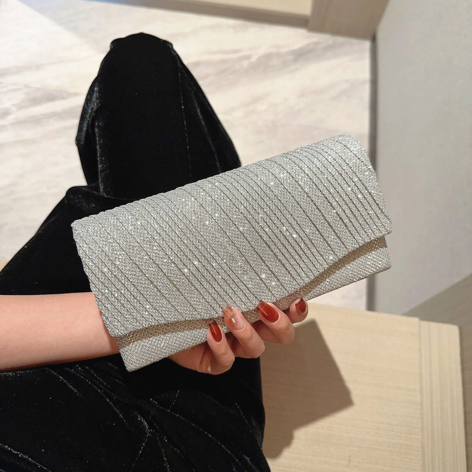 Womens Pleated n Sparkling Evening Bag Flap Dress Party Prom Wedding Clutch y241115
