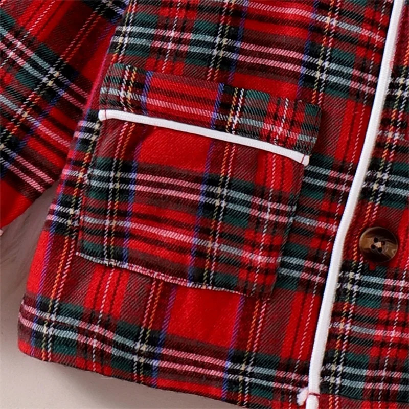 2025 Kids Girls Christmas Pajamas Sets Red Plaid Long Sleeve Turn Down Collar Shirts Tops with Elastic Waist Pants Sleepwear 241120
