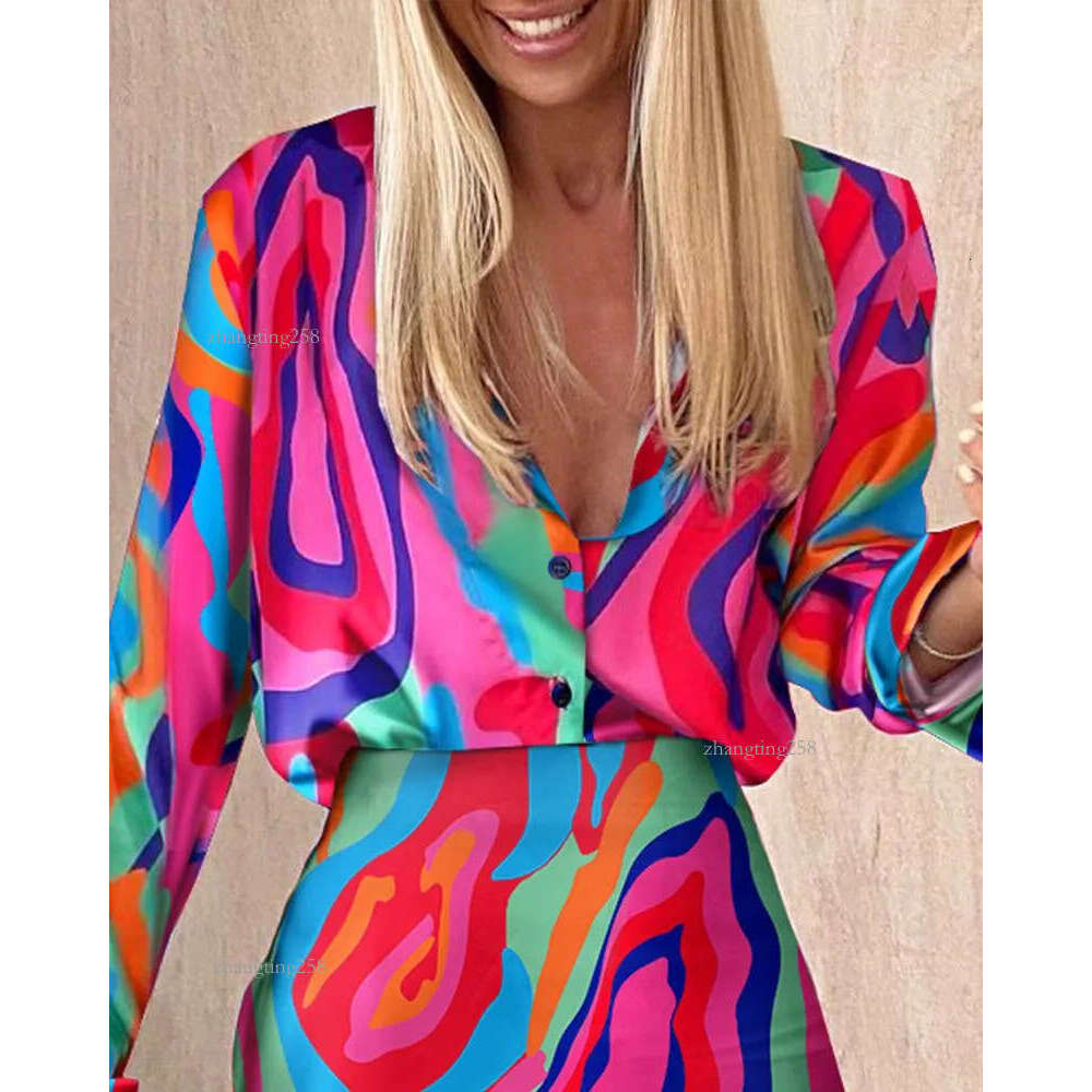 Work Dresses Fashion Women Summer Two Pice Dress Turn-down Collar Abstract Print Long Sleeve Button Down Casual Shirt & Mini Skirt SetWo