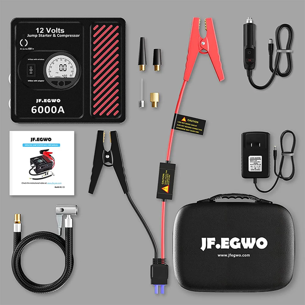 JFEGWO 3000A 6000A Professional Car Jump Starter Powerful Compressor 24000mAh 12V Car Battery Starter Booster Starting Device