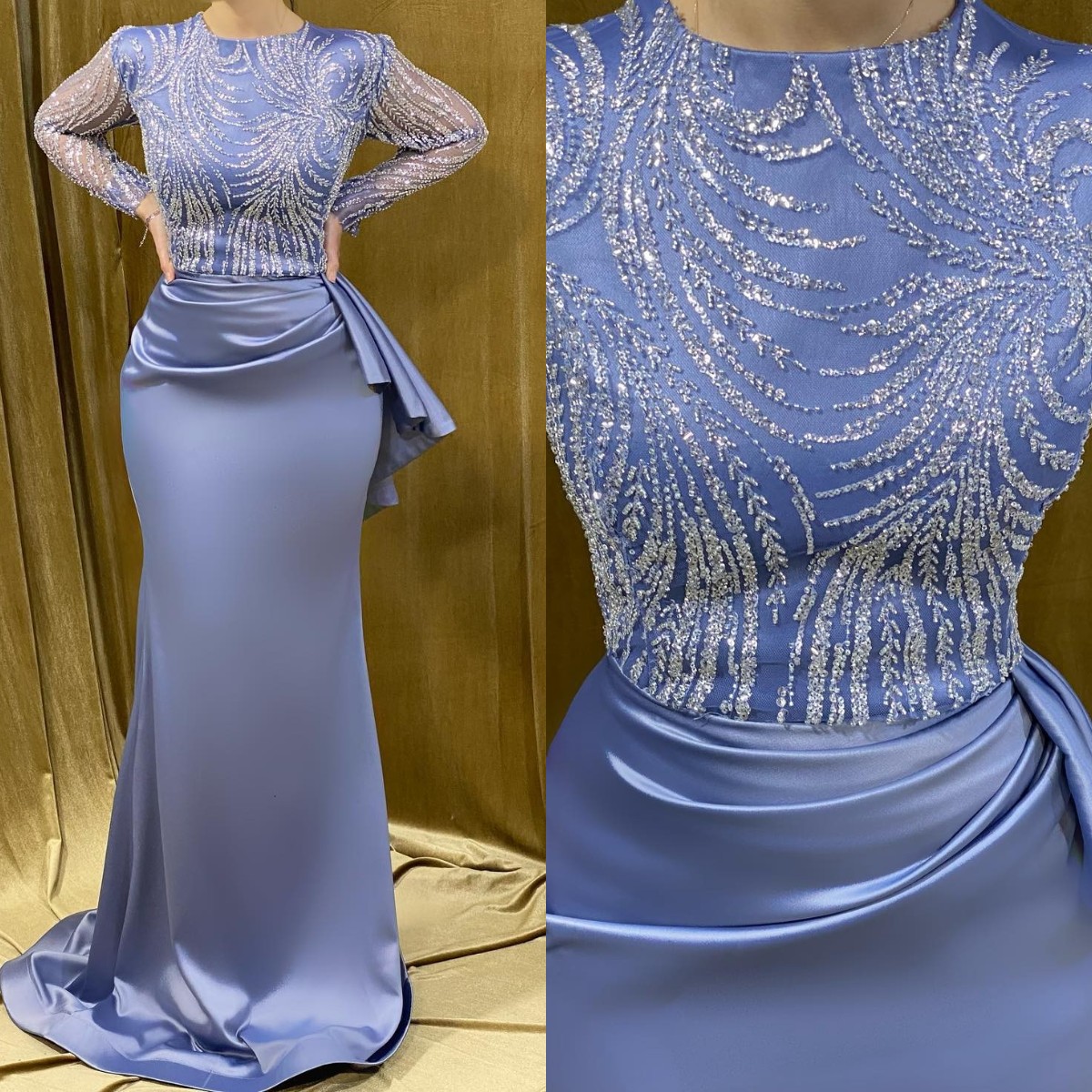 Beaded Muslim Evening Dresses elegant jewel neck illusion long sleeves mermaid Turkish Kaftan Dress pleats waist special ocn Formal dresses for women
