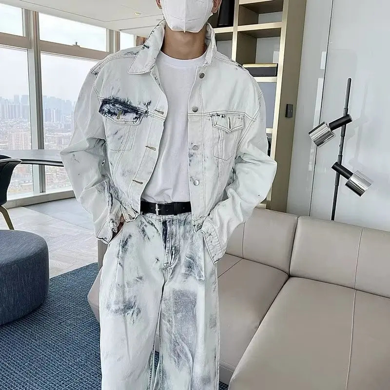 Retro Wash Tie Dye Denim Set Men High Street Casual Loose Jean Jackets Wide Leg Jeans Male Spring 2pcs Sets Hip Hop Fashion Suit 240415