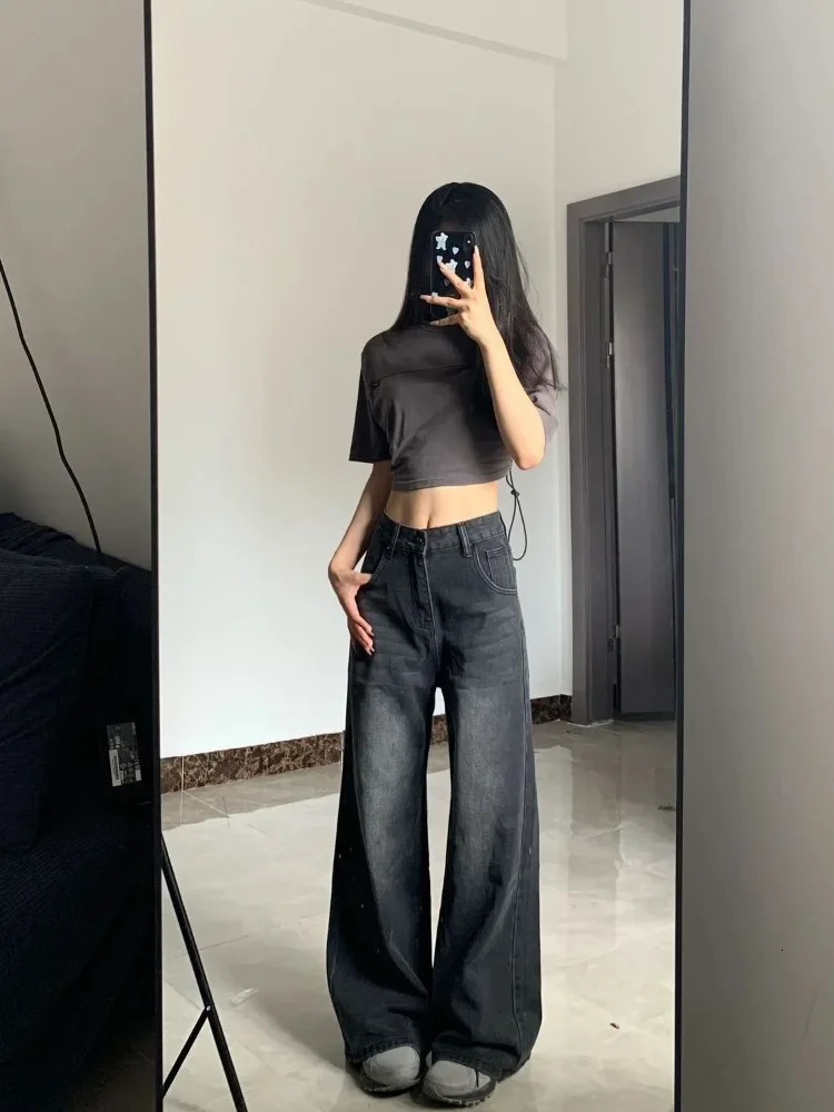 HOUZHOU Vintage Black Jeans Women High Waist Grunge Y2k 90s Streetwear Baggy Casual Korean Fashion Straight Washed Denim Trouser 240409