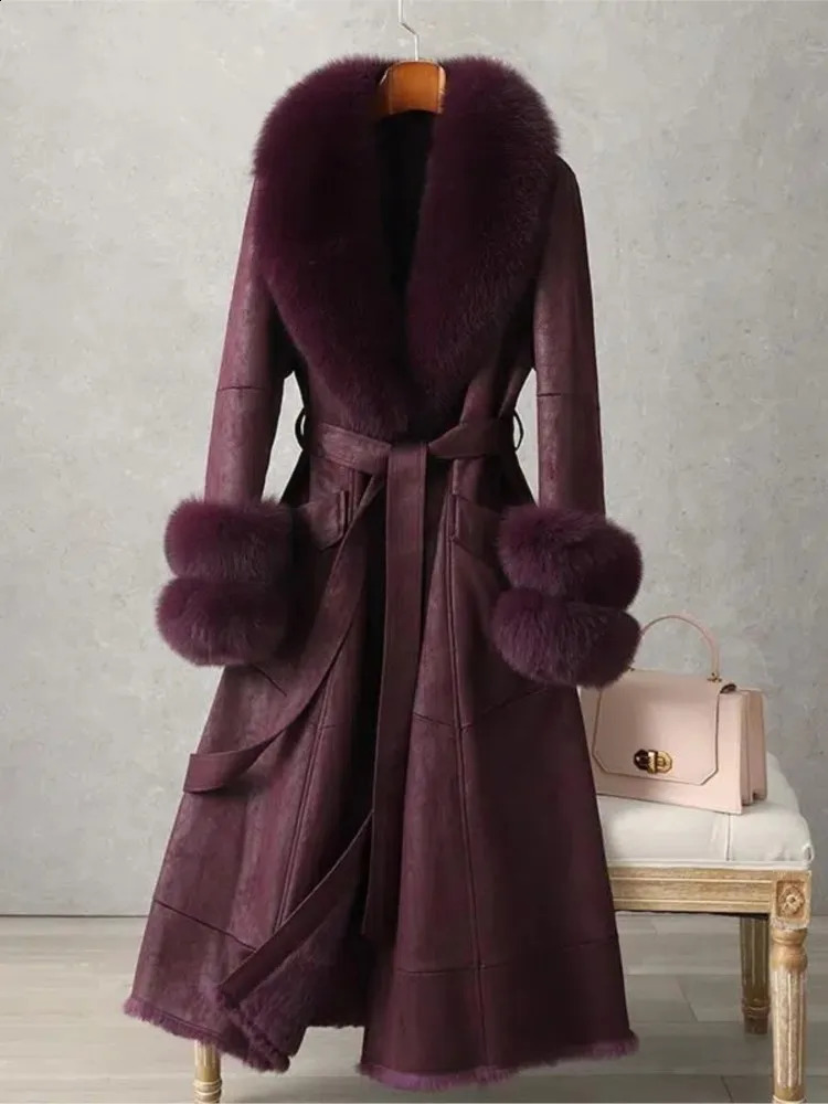Rabbit Skin Fur Warm Thick Coat Vintage Winter Medium Long womens Knee Fox Collar 241120