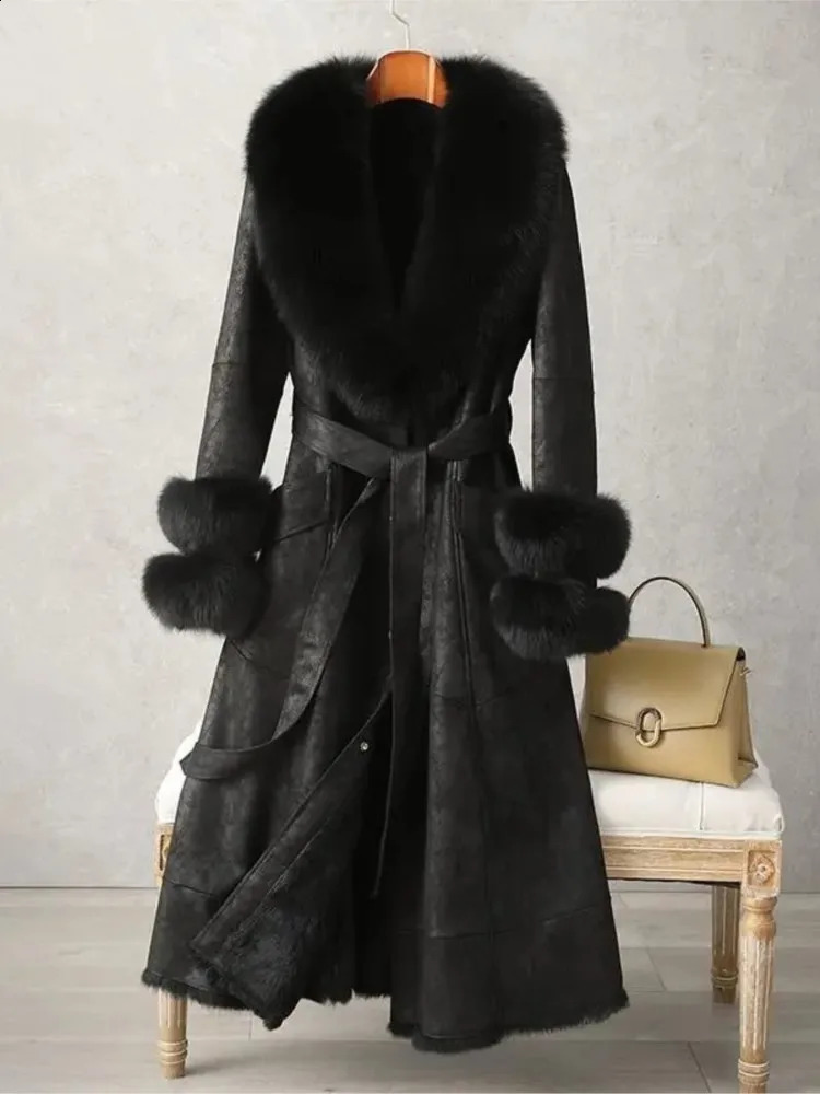 Rabbit Skin Fur Warm Thick Coat Vintage Winter Medium Long womens Knee Fox Collar 241120