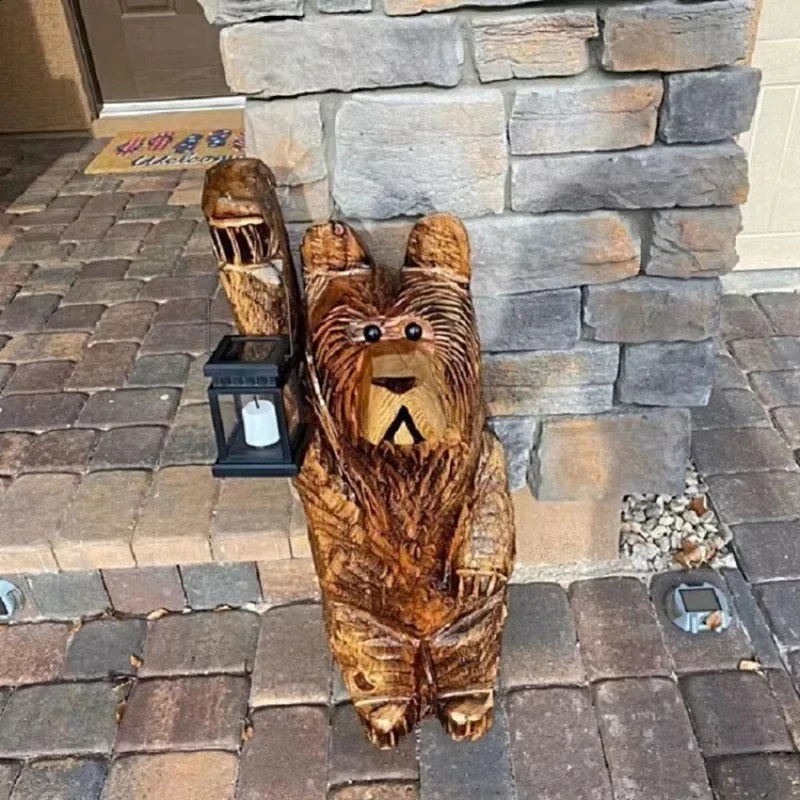 Cedar Carved Bear with Solar Lantern LED Cedar Wood Carved Bear with Solar Lanterns Resin Lantern Bear Sculpture Decoration 241119