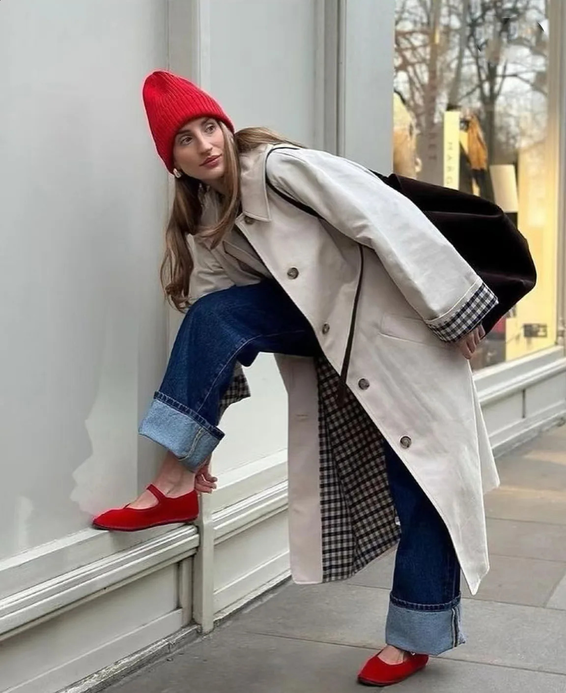 Elegant Plaid Lapel Long Windbreaker Women Fashion Single Breasted Loose Trench Coat 2024 Autumn High Street Lady Outwear Jacket 241119