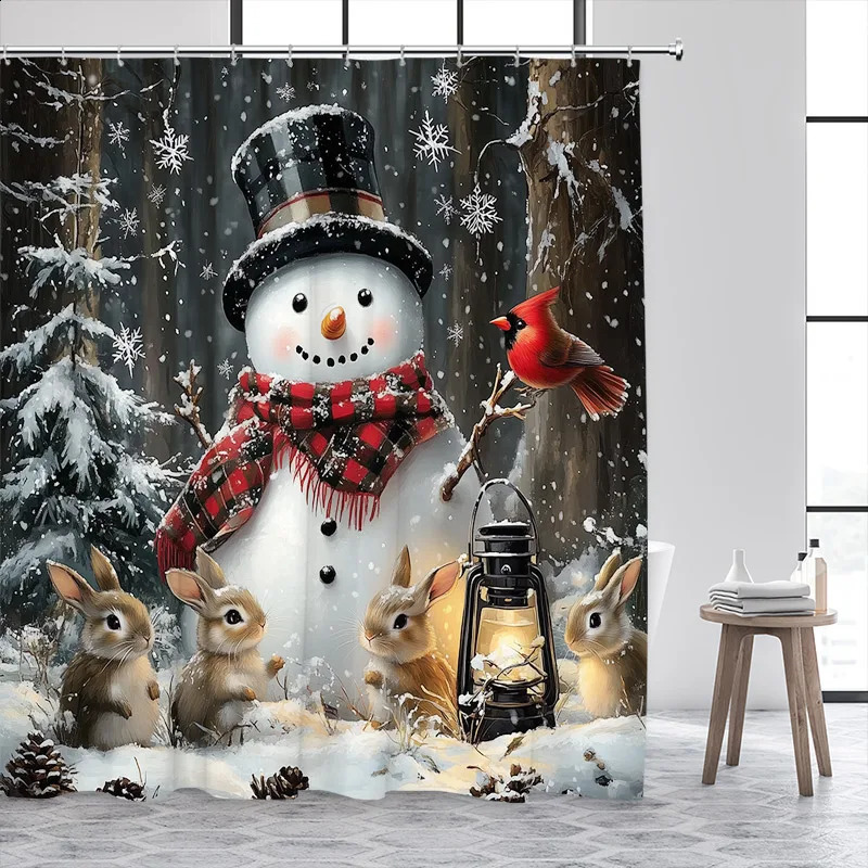 Christmas Snowman Shower Curtains Red Bird Berry Rabbit Winter Forest Snowflake Year Home Bathroom Curtain Decor With Hooks 241119