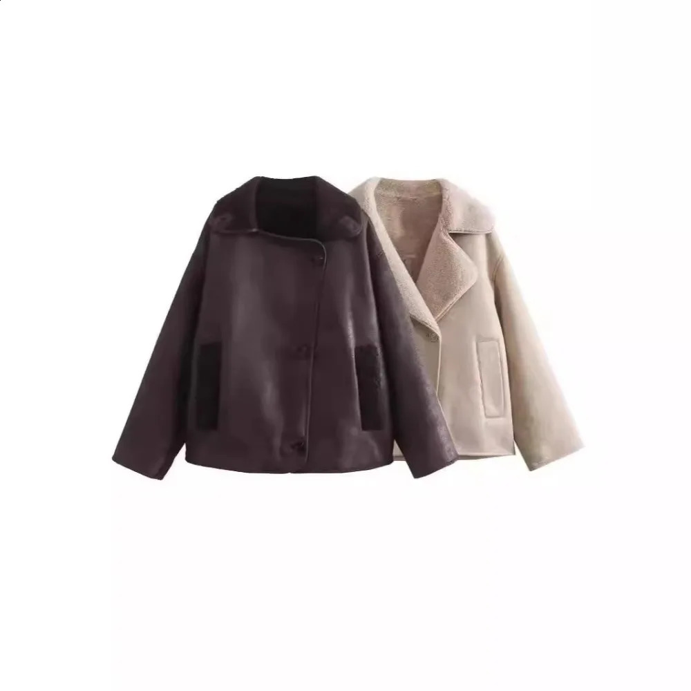 Womens Thick Artificial Leather Jacket Autumn Winter Warm Wool Blended Jacket Plush Double sided Jacket Pocket Jacket 241119