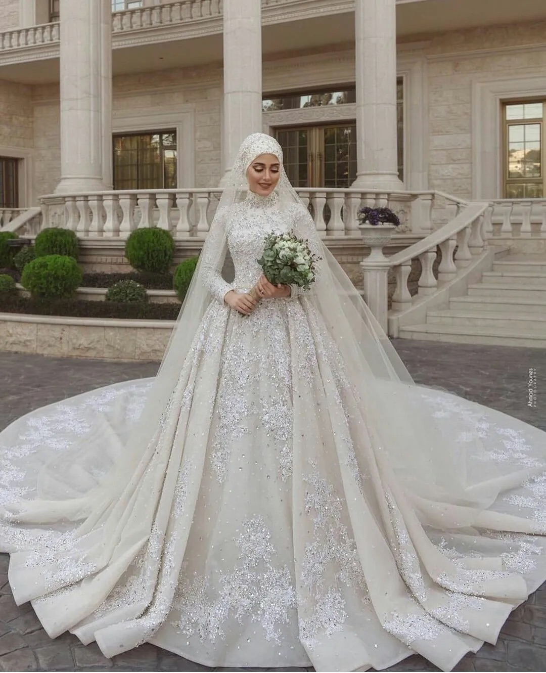 Crystal Muslim a line wedding dress with Hijab long sleeves high neck beaded vestido de novia wedding dresses bridal gowns sequins robes de mariage