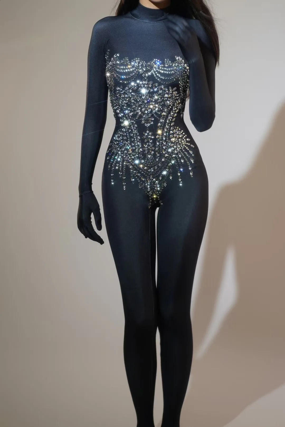 Sparkling rhinestone elastic jumpsuit womens sexy club evening dress queen singer dancer stage performance costume 241118