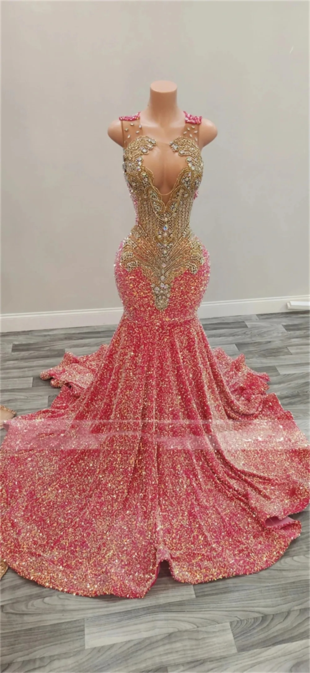 Pink Prom Dress for Black Girls Beaded Crystal Birthday Party Dresses Sequined Evening Gowns Robe De Bal