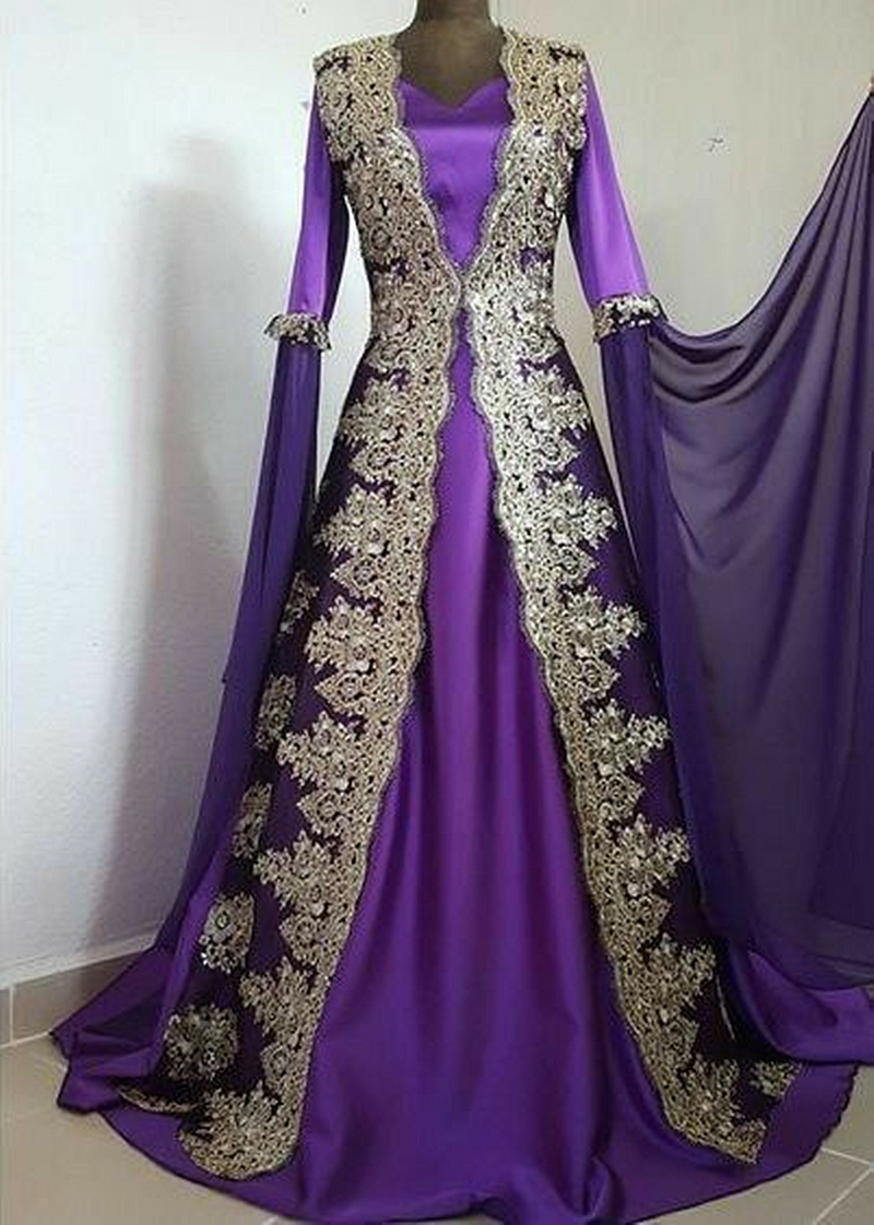 Elegant Gold Lace Appliques Caftan Evening Dresses Flare Long Sleeves A Line Purple Formal Occasion Gowns Arabic Moroccan Kaftan Turkey Prom Dress For
