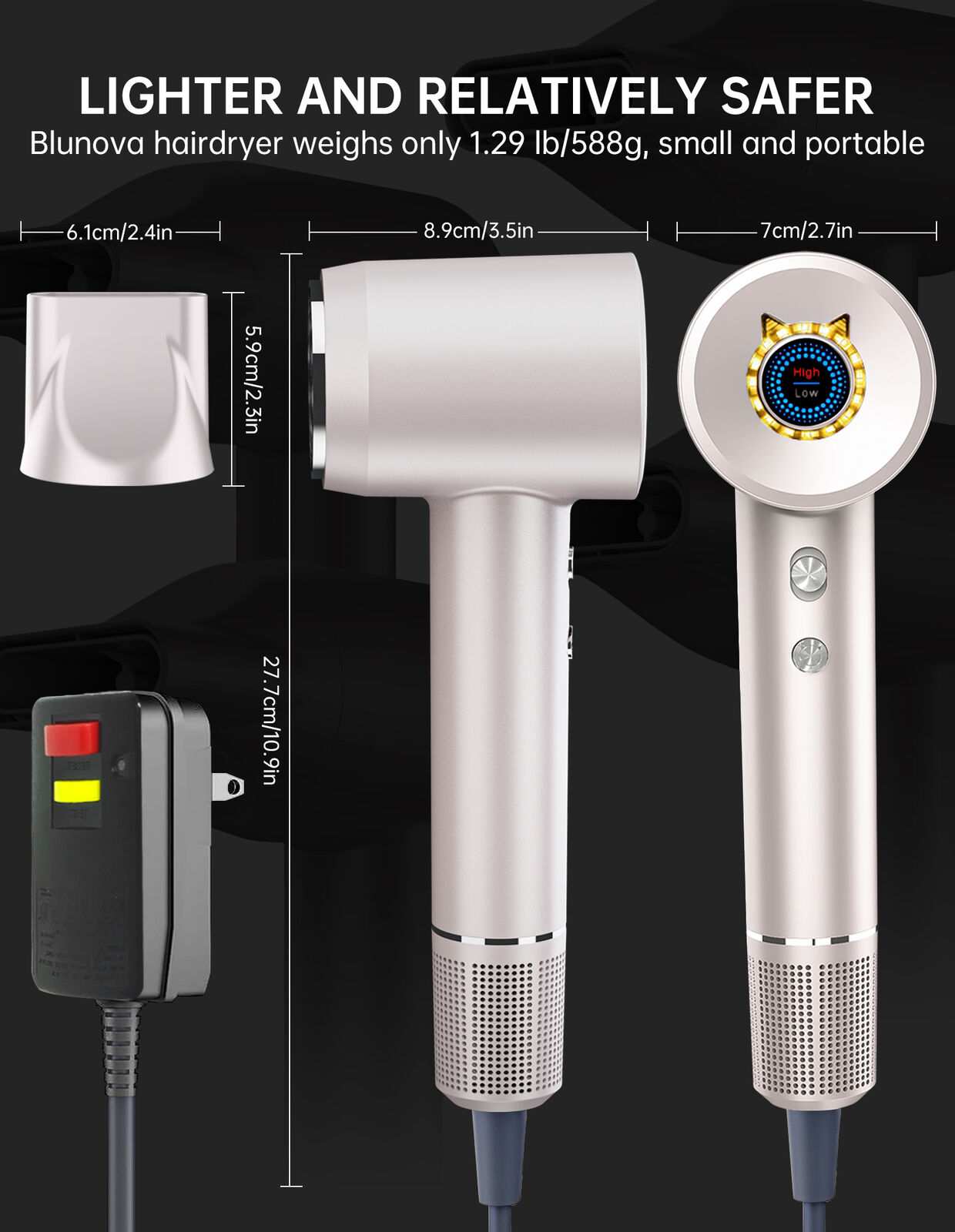 Lonic Hair Dryer High-Speed Low Noise Thermo-Control Hairdryer LED Touchscreen