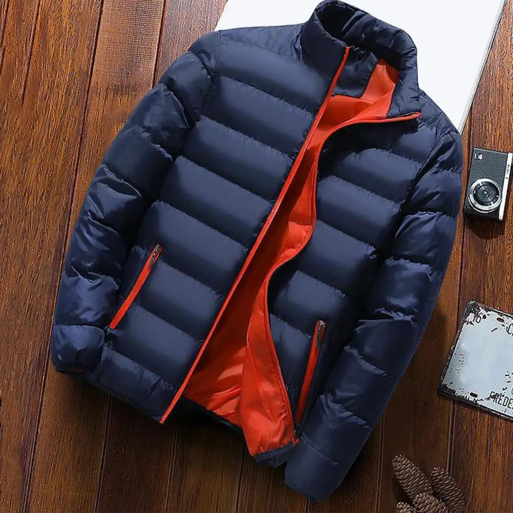 Mens thick cotton jacket with zipper long sleeved raised collar windproof soft warm cold resistant winter 241119Z