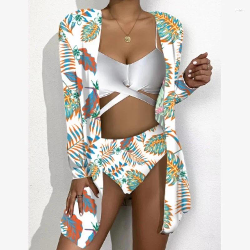 Womens Swimwear 2024 Mesh Three Piece Sunscreen Digital Print Loose Top