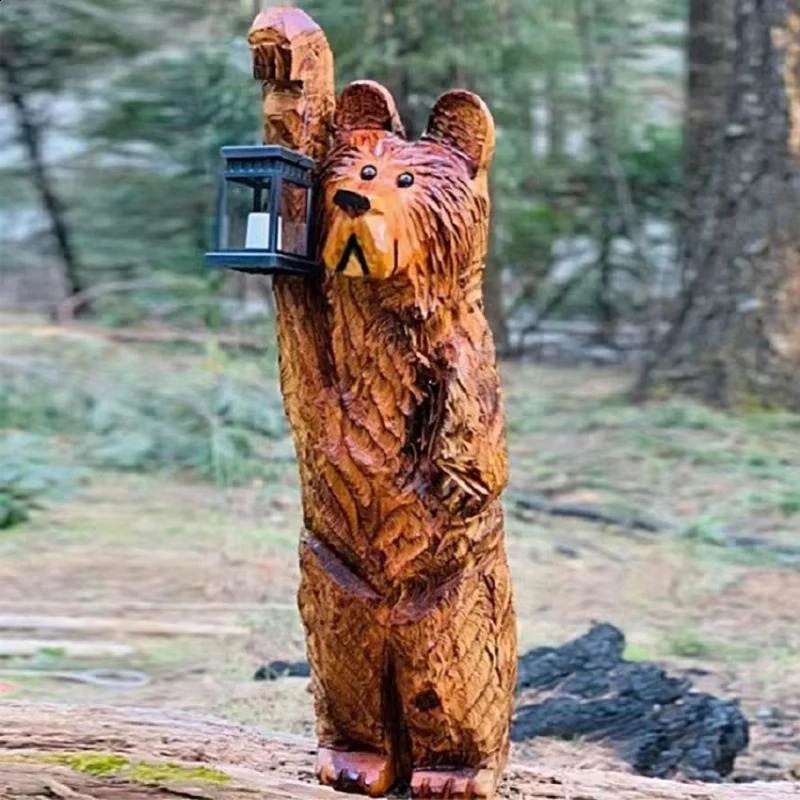 Cedar Carved Bear with Solar Lantern LED Cedar Wood Carved Bear with Solar Lanterns Resin Lantern Bear Sculpture Decoration 241119