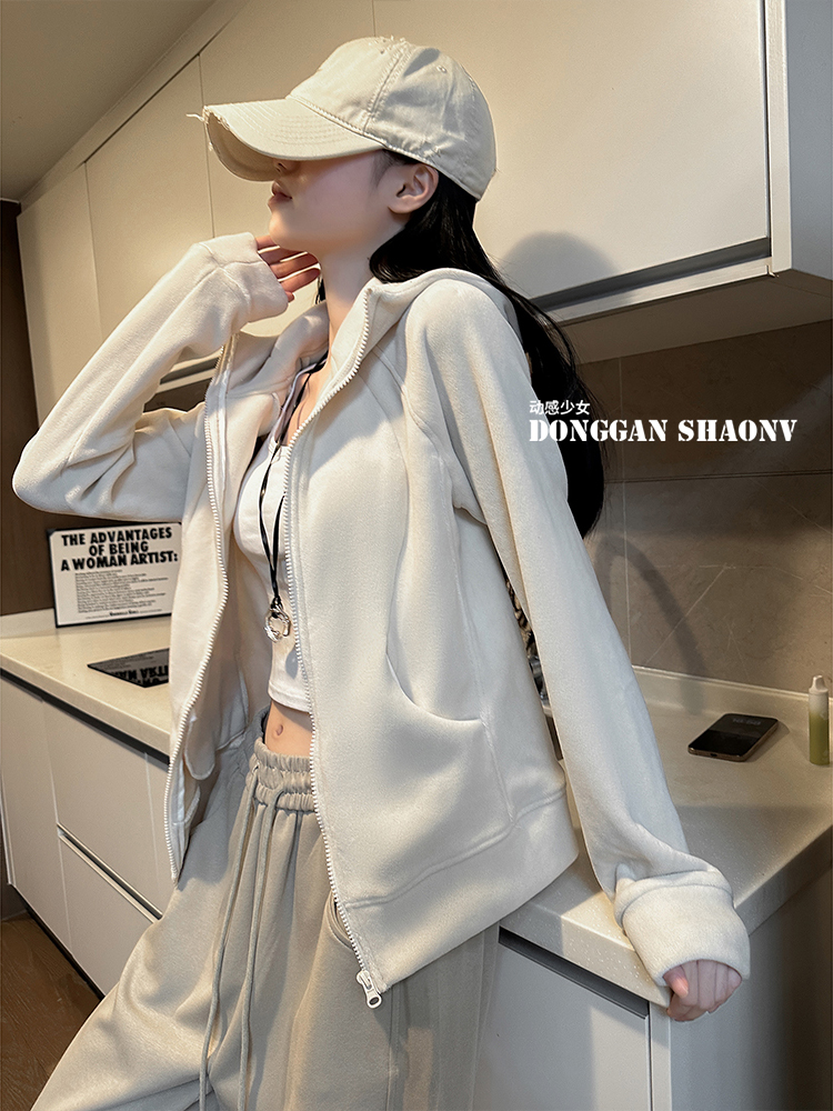 Hooded zip jacket female 2024 autumn and winter new thin padded thickened leisure outside long-sleeved sweater