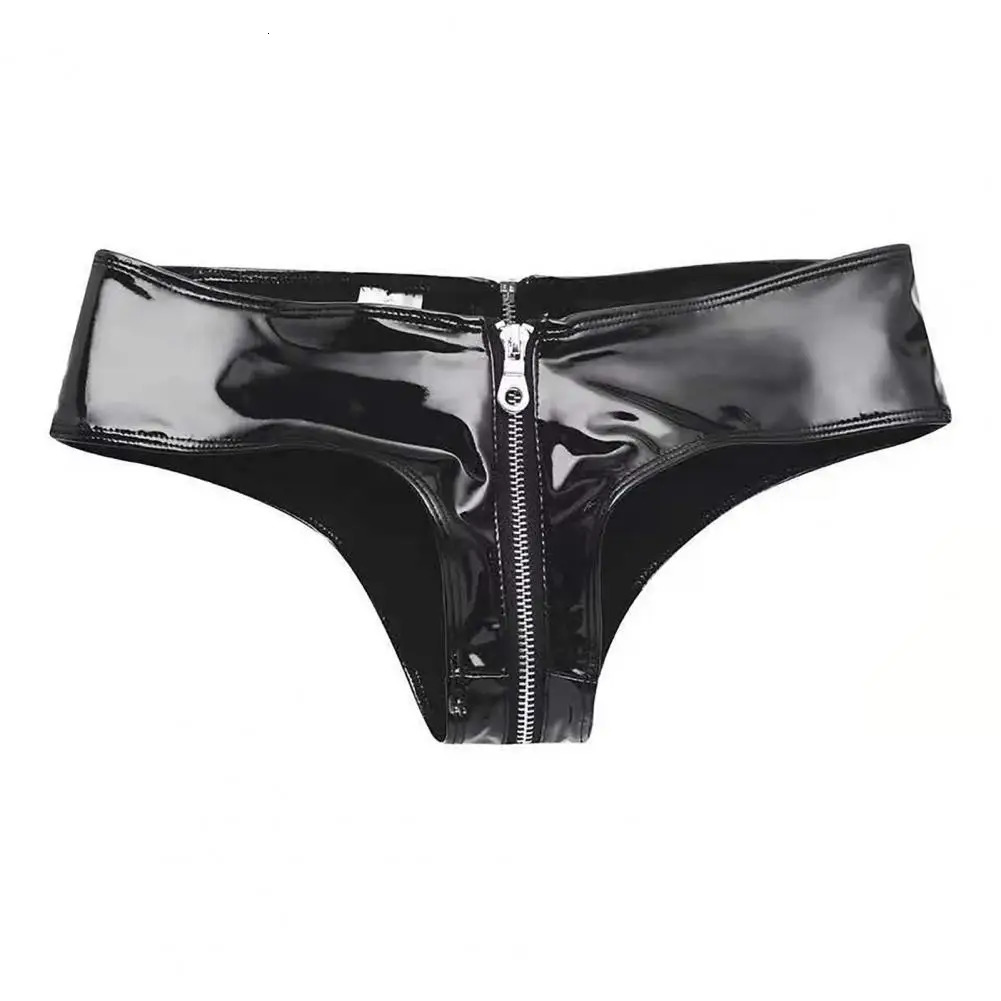 Women Briefs Zipper Open Crotch Low Waist Solid Color Glossy Faux Leather Underpants Mini Panties Underwear 240419