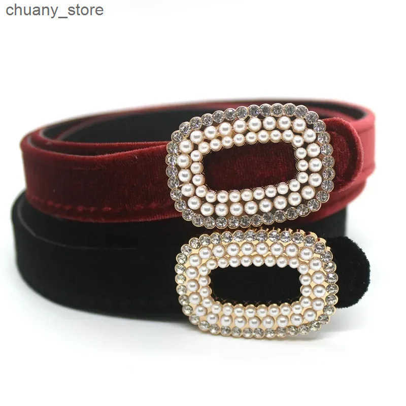 Waist Chain Belts Velvet PU Leather Womens Belt Fashion Trend Versatile Dress Accessories Gothic Retro Corset Slim Rhinestone Buckle Waistband L240910