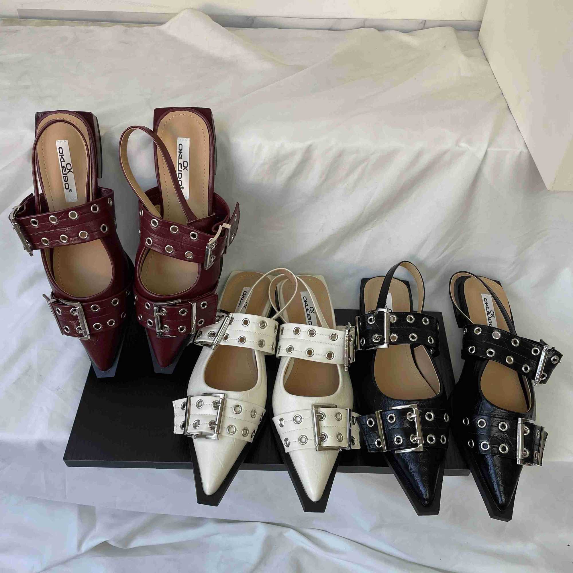 New Sandals Wen Flats Shoes Fashion Metal Buckle Shoes 2025 Spring Pointed Toe Shallow Footwear Slingbacks Ladies Sandals Z250326