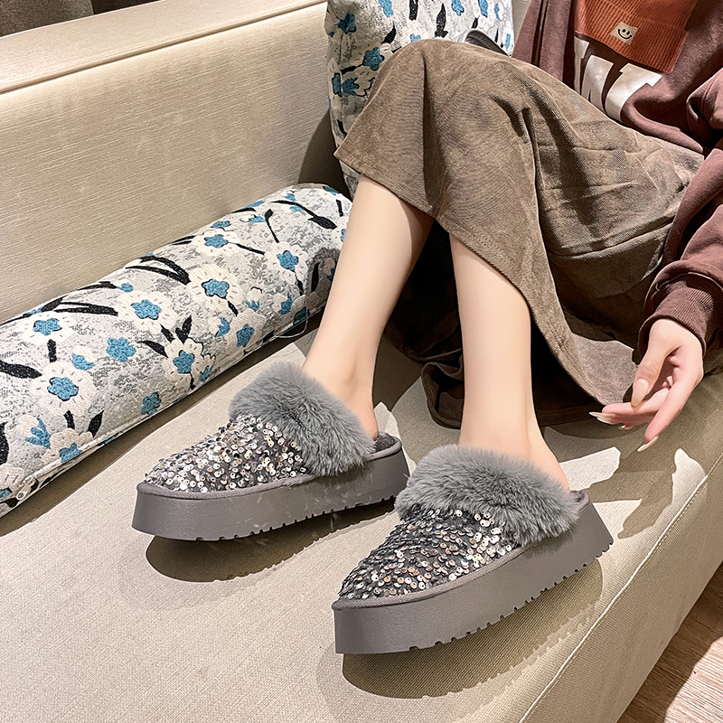 Winter New Warm 4.5CM Platform slipper Black Bling Sequined Cloth Wool Lined Women Fashion Warm shoes Luxurious shiny Cotton boots High quality home c