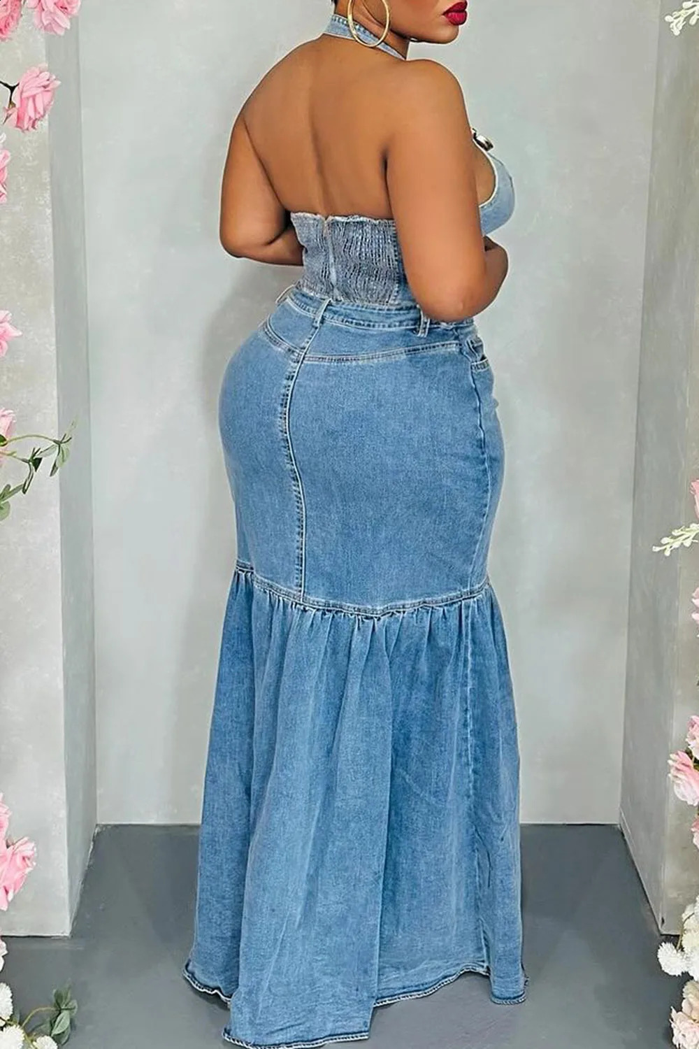 Plus Size Party Blue V-neck Denim Two Piece Ski Set 241118