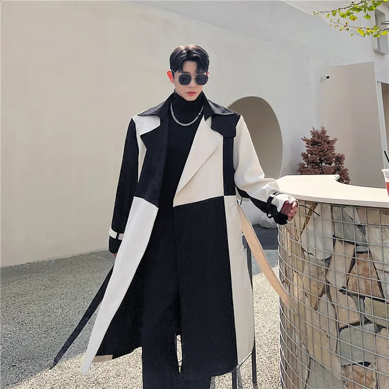 Autumn Winter Korean Fashion Contrast Color Trench Coat Mens High Quality Casual Long Jackets Gabardina Hombre 241120