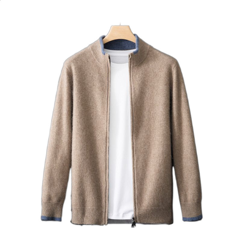 high-end fashion cardigan mens stand up collar zipper color blocked thick sweater business casual sweater knitted jacket240829